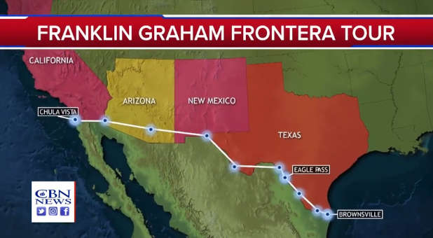 Map of Franklin Graham's Frontera Tour.