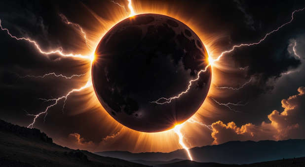 A total eclipse with lightning shooting from it.