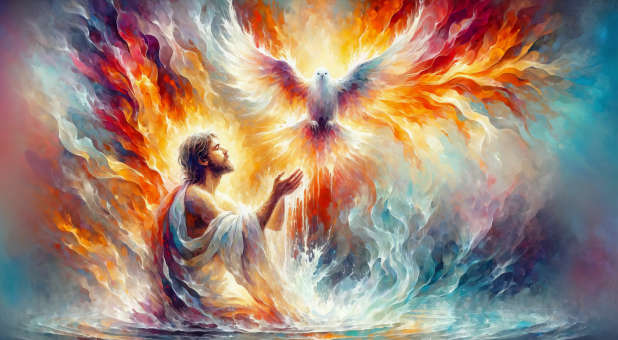 The Holy Spirit as a dove descending on a man in water.