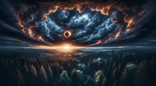 An eclipse taking place over a forest.