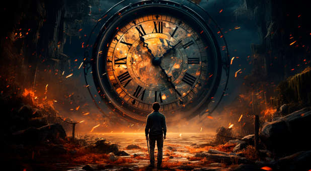 Person standing in front of a damaged, giant clock.