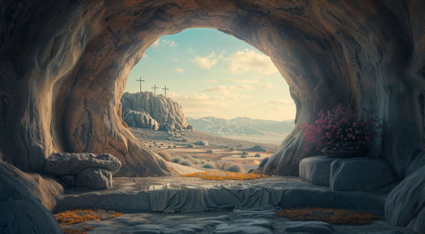 The empty tomb with three crosses in the background.