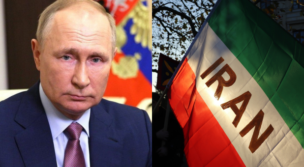 Vladimir Putin and Iran Flag